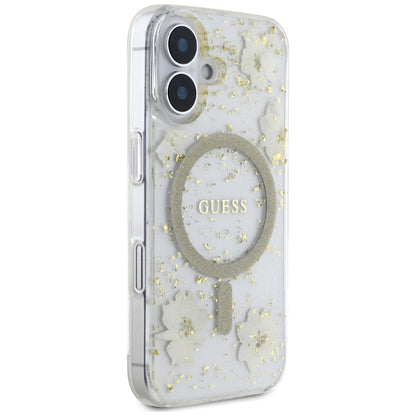 MagSafe torbica za Apple iPhone 16, Guess, Resin Flowers and Glitter, Bež