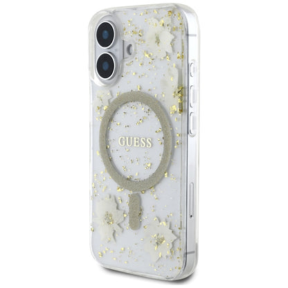 MagSafe torbica za Apple iPhone 16, Guess, Resin Flowers and Glitter, Bež