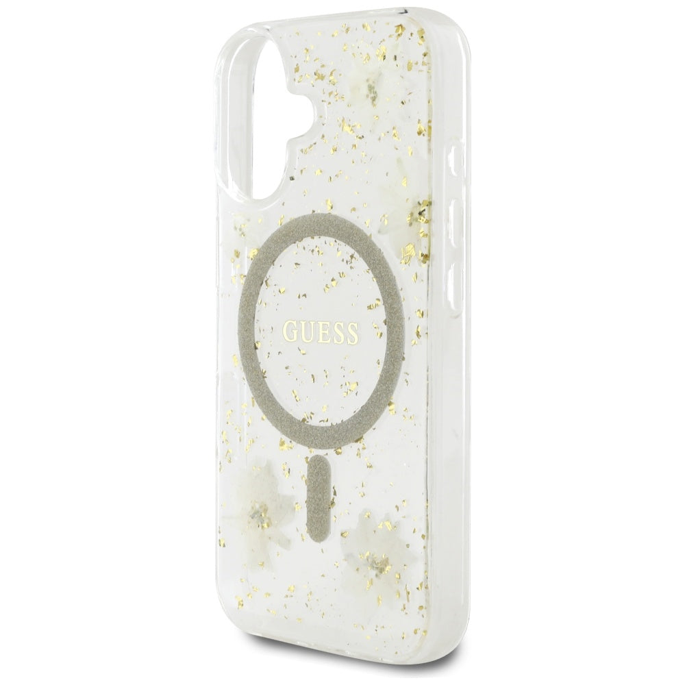 MagSafe torbica za Apple iPhone 16, Guess, Resin Flowers and Glitter, Bež