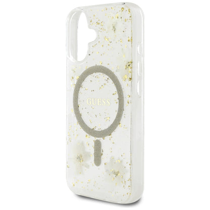 MagSafe torbica za Apple iPhone 16, Guess, Resin Flowers and Glitter, Bež