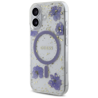 Husa MagSafe za Apple iPhone 16, Guess, Resin Flowers and Glitter, Ljubičasta