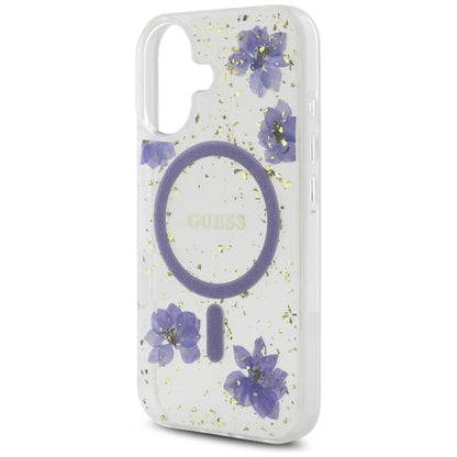 Husa MagSafe za Apple iPhone 16, Guess, Resin Flowers and Glitter, Ljubičasta