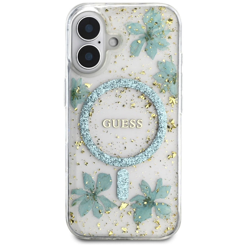 MagSafe torbica za Apple iPhone 16, Guess, Resin Flowers and Glitter, Tirkizna