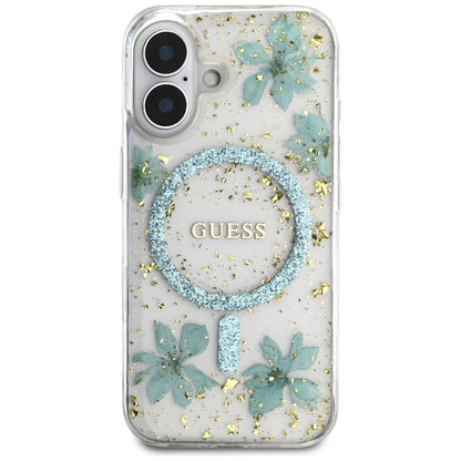 MagSafe torbica za Apple iPhone 16, Guess, Resin Flowers and Glitter, Tirkizna