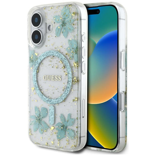 MagSafe torbica za Apple iPhone 16, Guess, Resin Flowers and Glitter, Tirkizna