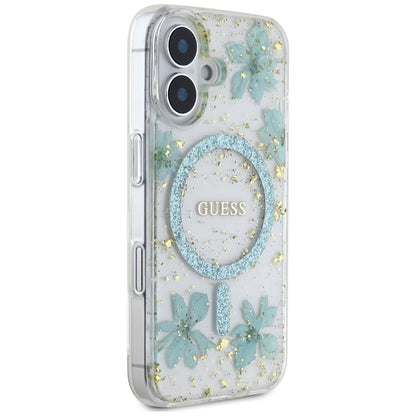 MagSafe torbica za Apple iPhone 16, Guess, Resin Flowers and Glitter, Tirkizna