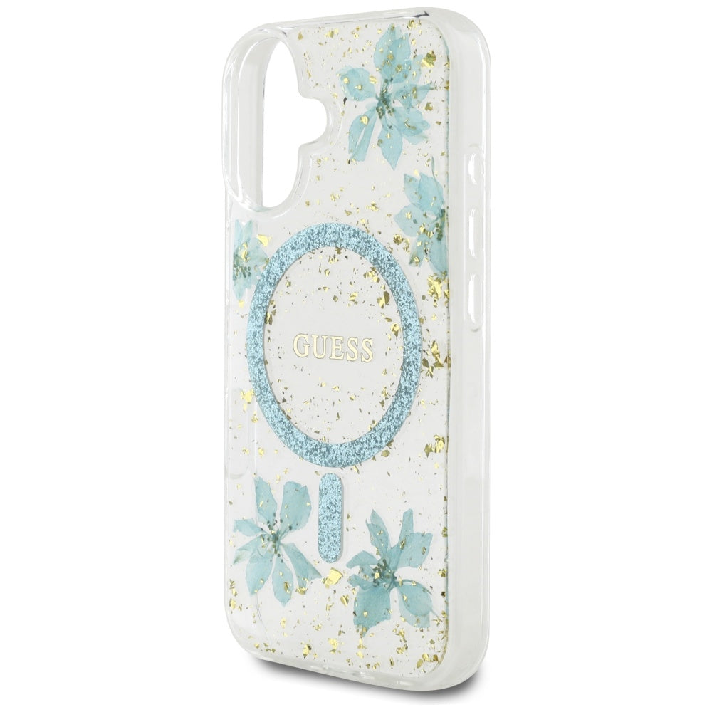 MagSafe torbica za Apple iPhone 16, Guess, Resin Flowers and Glitter, Tirkizna