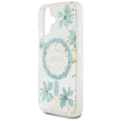 MagSafe torbica za Apple iPhone 16, Guess, Resin Flowers and Glitter, Tirkizna
