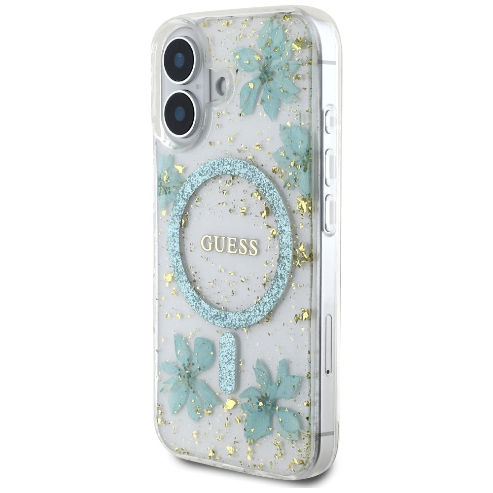 MagSafe torbica za Apple iPhone 16, Guess, Resin Flowers and Glitter, Tirkizna