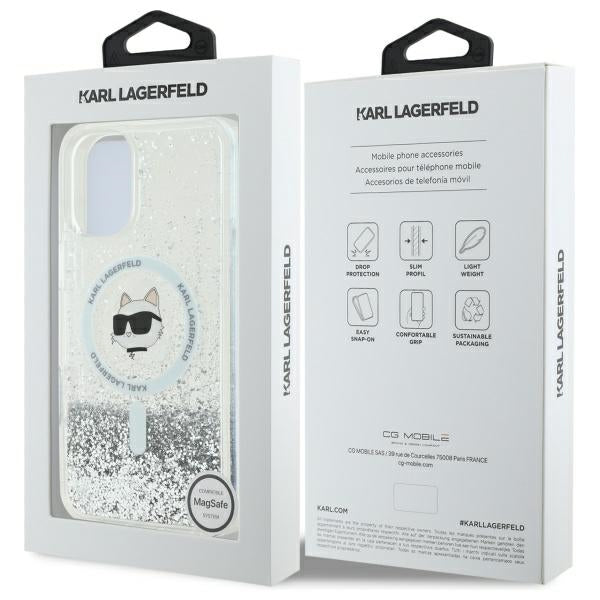 Husa MagSafe za Apple iPhone 16, Karl Lagerfeld, Glitter Liquid Choupette Head, Prozirna