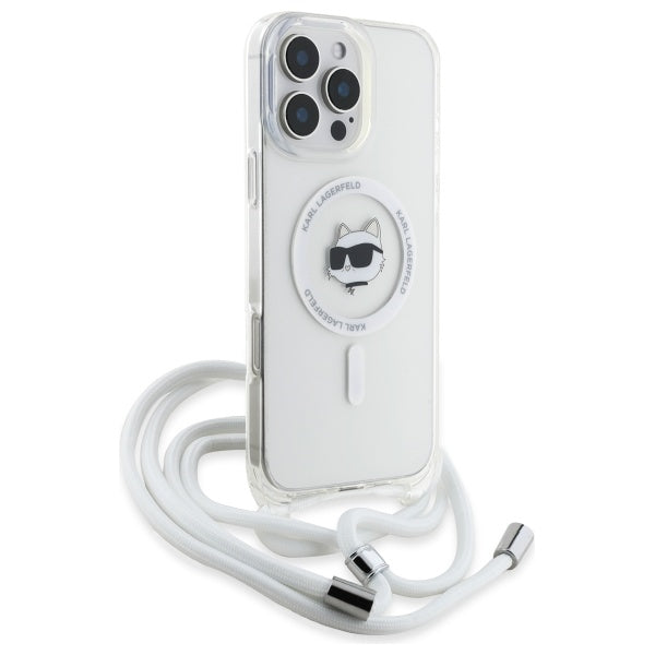 Husa MagSafe za Apple iPhone 16, Karl Lagerfeld, IML Crossbody Choupette's Head with Strap, Prozirna