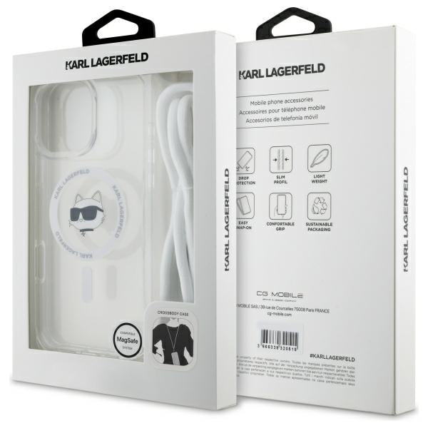 Husa MagSafe za Apple iPhone 16, Karl Lagerfeld, IML Crossbody Choupette's Head with Strap, Prozirna