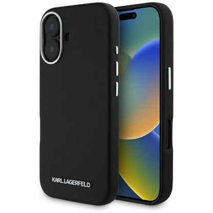 Futrola MagSafe za Apple iPhone 16, Karl Lagerfeld, Saffiano Full Wrapped Elongated Metal Logo, Crna