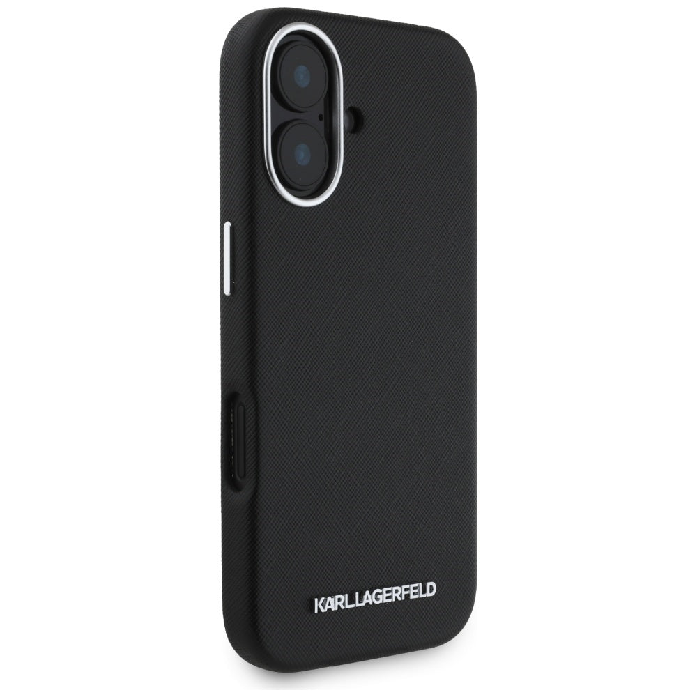 Futrola MagSafe za Apple iPhone 16, Karl Lagerfeld, Saffiano Full Wrapped Elongated Metal Logo, Crna