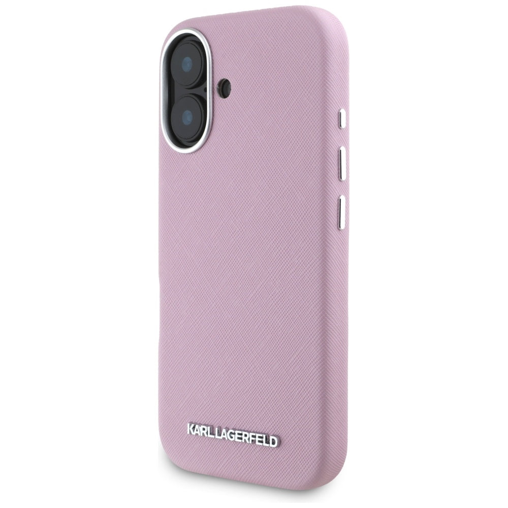 Futrola MagSafe za Apple iPhone 16, Karl Lagerfeld, Saffiano Full Wrapped Elongated Metal Logo, Roza
