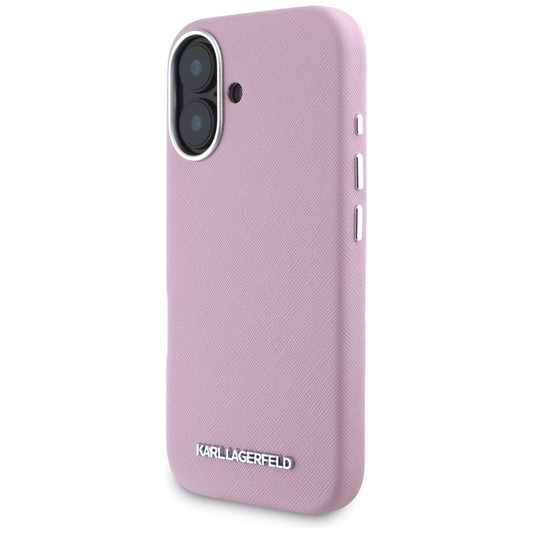 Futrola MagSafe za Apple iPhone 16, Karl Lagerfeld, Saffiano Full Wrapped Elongated Metal Logo, Roza