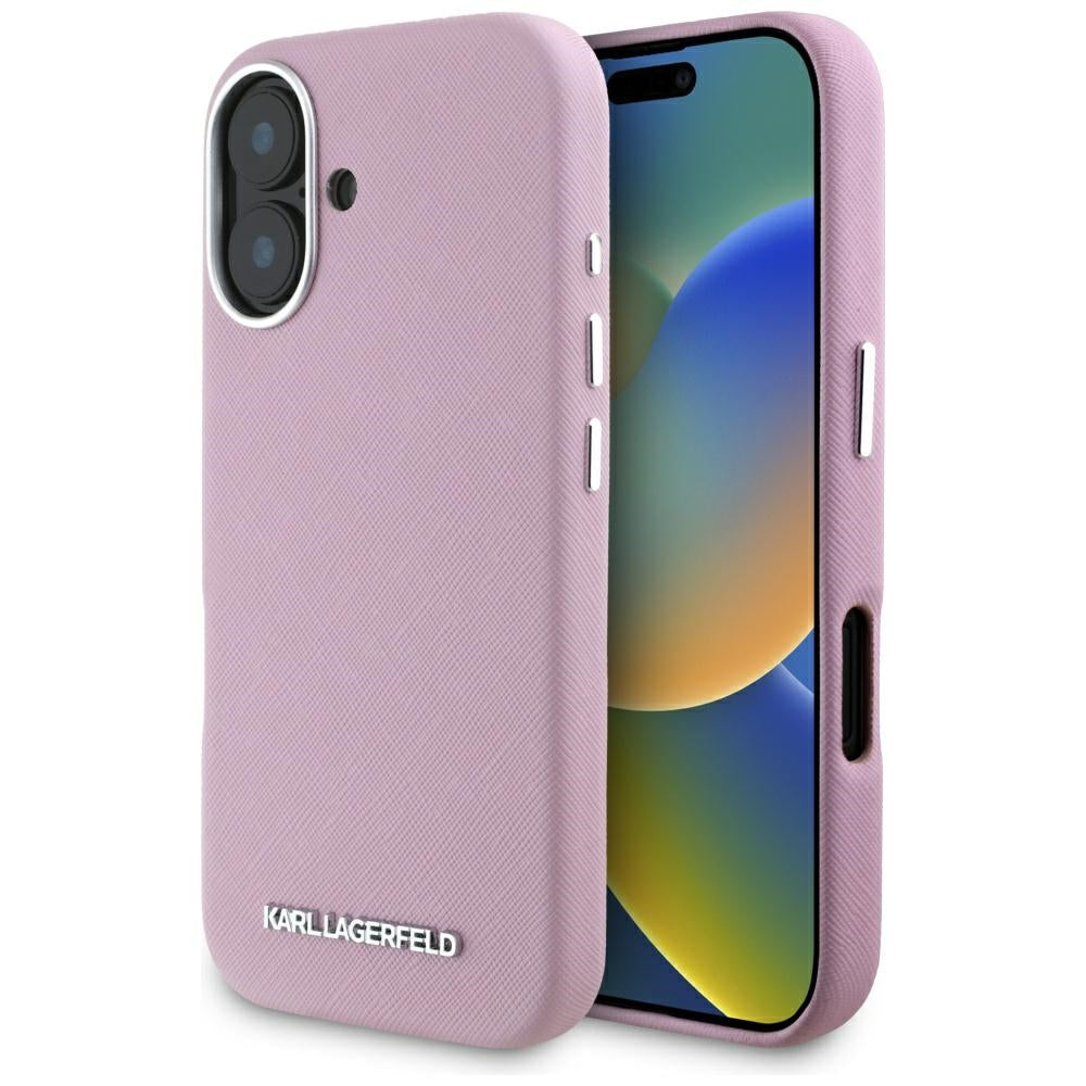 Futrola MagSafe za Apple iPhone 16, Karl Lagerfeld, Saffiano Full Wrapped Elongated Metal Logo, Roza