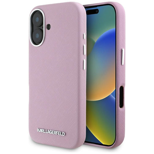 Futrola MagSafe za Apple iPhone 16, Karl Lagerfeld, Saffiano Full Wrapped Elongated Metal Logo, Roza