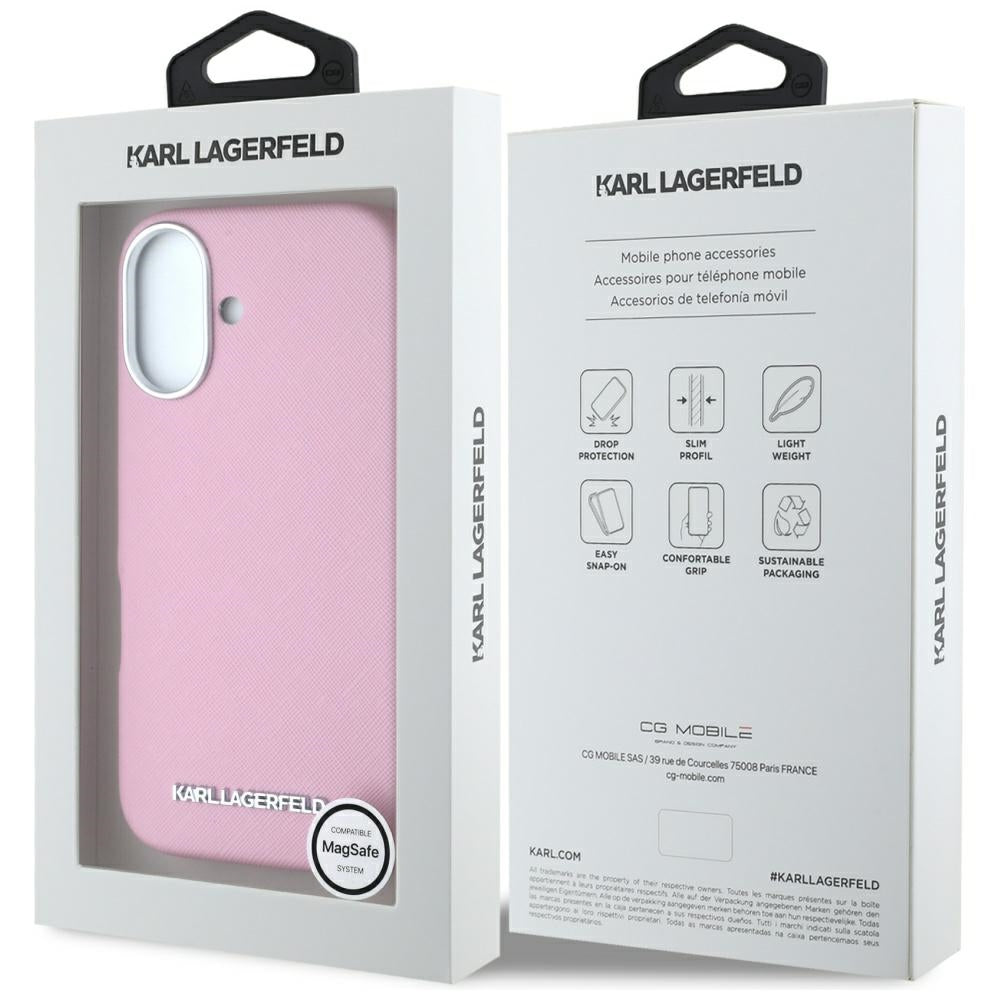 Futrola MagSafe za Apple iPhone 16, Karl Lagerfeld, Saffiano Full Wrapped Elongated Metal Logo, Roza