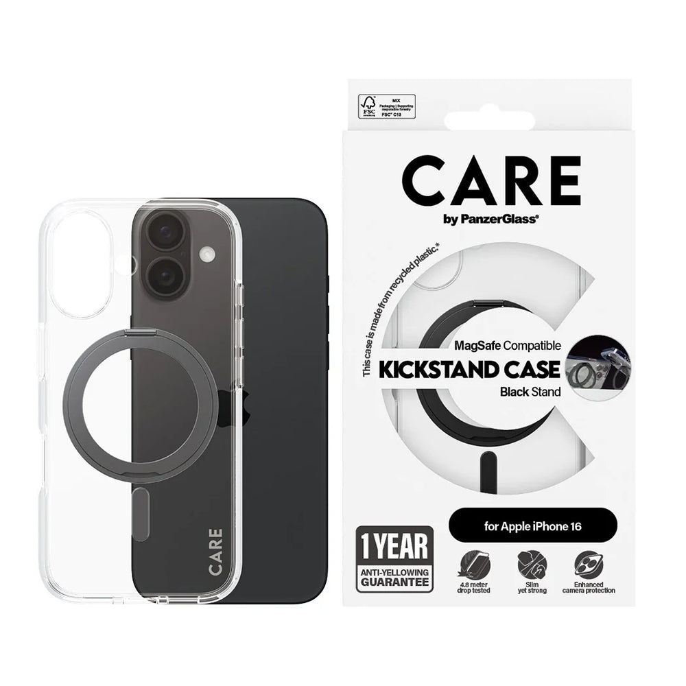 Futrola MagSafe za Apple iPhone 16, PanzerGlass, Care Feature Kickstand, Crna Prozirna