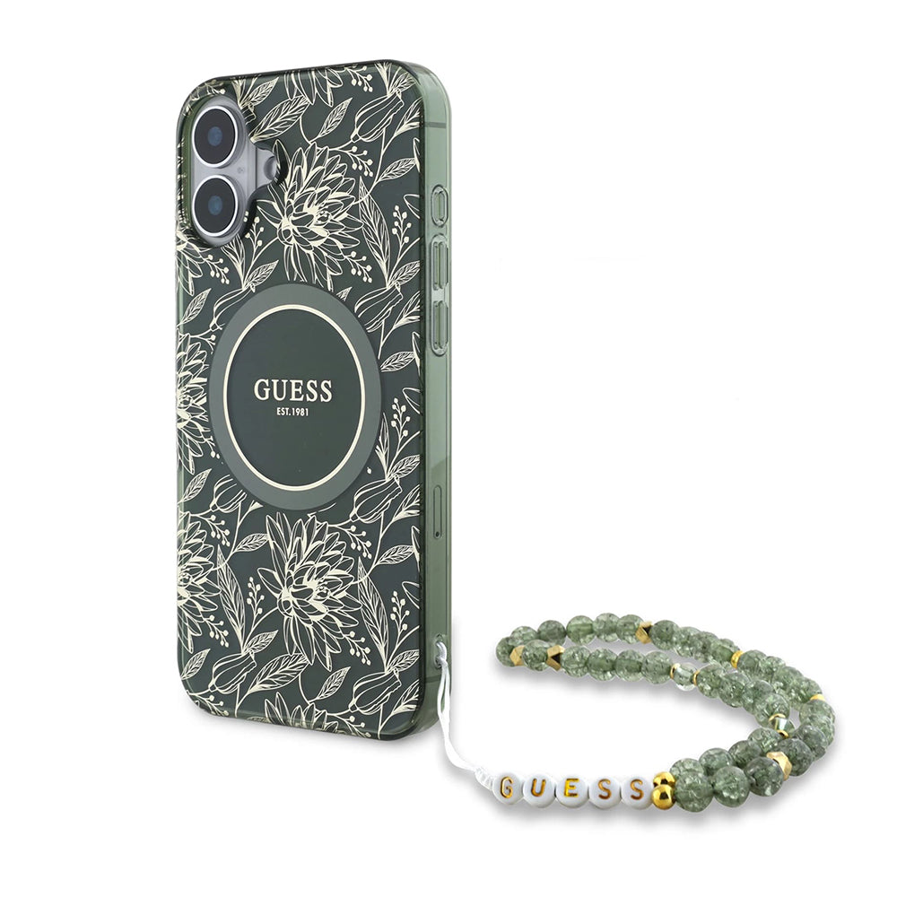 MagSafe futrola za Apple iPhone 16 Plus, Guess, IML Flowers Allover Electroplated with Pearl Strap, Zelena