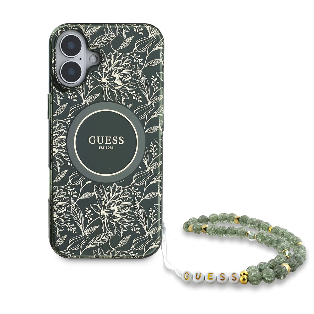 MagSafe futrola za Apple iPhone 16 Plus, Guess, IML Flowers Allover Electroplated with Pearl Strap, Zelena