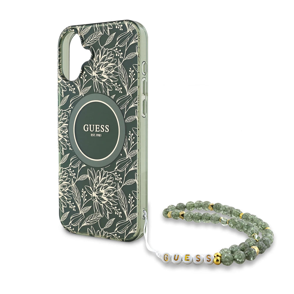 MagSafe futrola za Apple iPhone 16 Plus, Guess, IML Flowers Allover Electroplated with Pearl Strap, Zelena