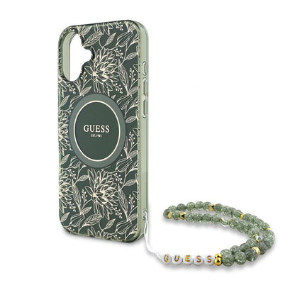 MagSafe futrola za Apple iPhone 16 Plus, Guess, IML Flowers Allover Electroplated with Pearl Strap, Zelena