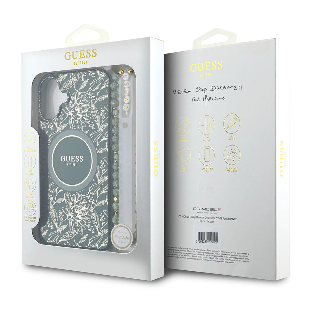 MagSafe futrola za Apple iPhone 16 Plus, Guess, IML Flowers Allover Electroplated with Pearl Strap, Zelena