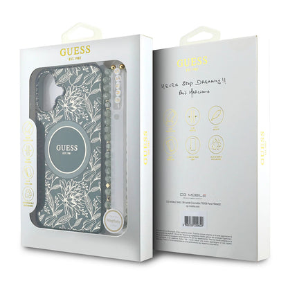 MagSafe futrola za Apple iPhone 16 Plus, Guess, IML Flowers Allover Electroplated with Pearl Strap, Zelena