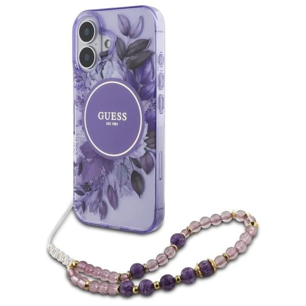 Husa MagSafe za Apple iPhone 16 Plus, Guess, IML Flowers with Pearl Strap, Ljubičasta