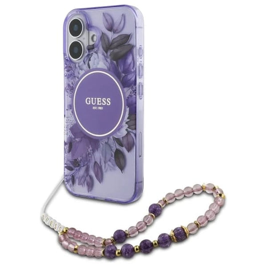 Husa MagSafe za Apple iPhone 16 Plus, Guess, IML Flowers with Pearl Strap, Ljubičasta