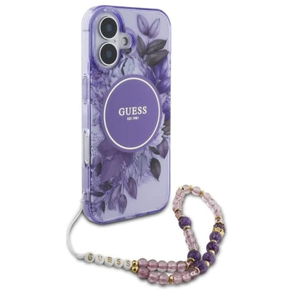 Husa MagSafe za Apple iPhone 16 Plus, Guess, IML Flowers with Pearl Strap, Ljubičasta