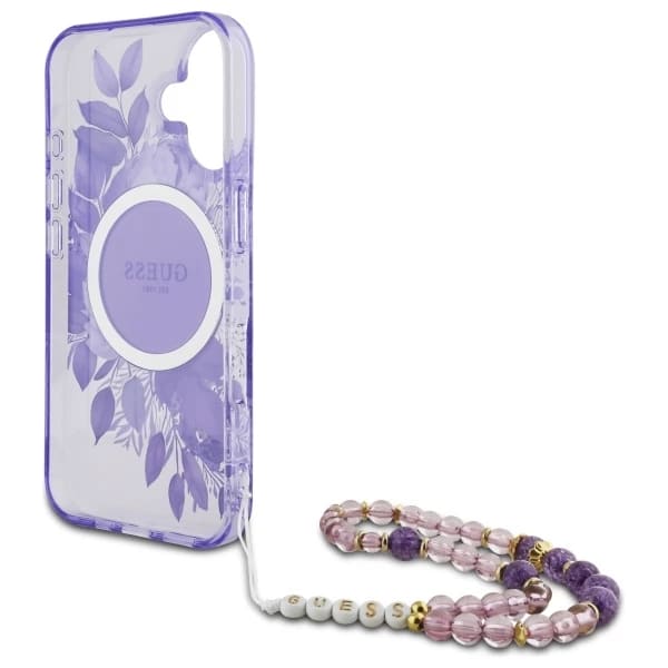 Husa MagSafe za Apple iPhone 16 Plus, Guess, IML Flowers with Pearl Strap, Ljubičasta