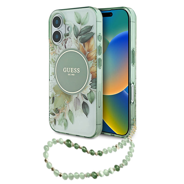 MagSafe futrola za Apple iPhone 16 Plus, Guess, IML Flowers with Pearl Strap, Zelena