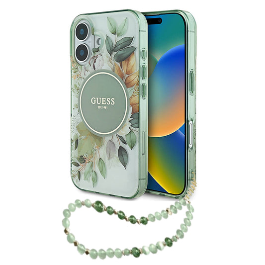 MagSafe futrola za Apple iPhone 16 Plus, Guess, IML Flowers with Pearl Strap, Zelena