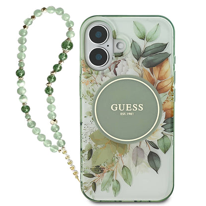 MagSafe futrola za Apple iPhone 16 Plus, Guess, IML Flowers with Pearl Strap, Zelena