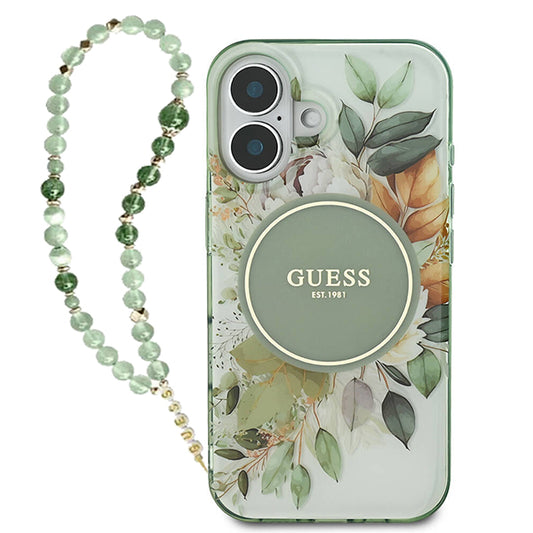 MagSafe futrola za Apple iPhone 16 Plus, Guess, IML Flowers with Pearl Strap, Zelena