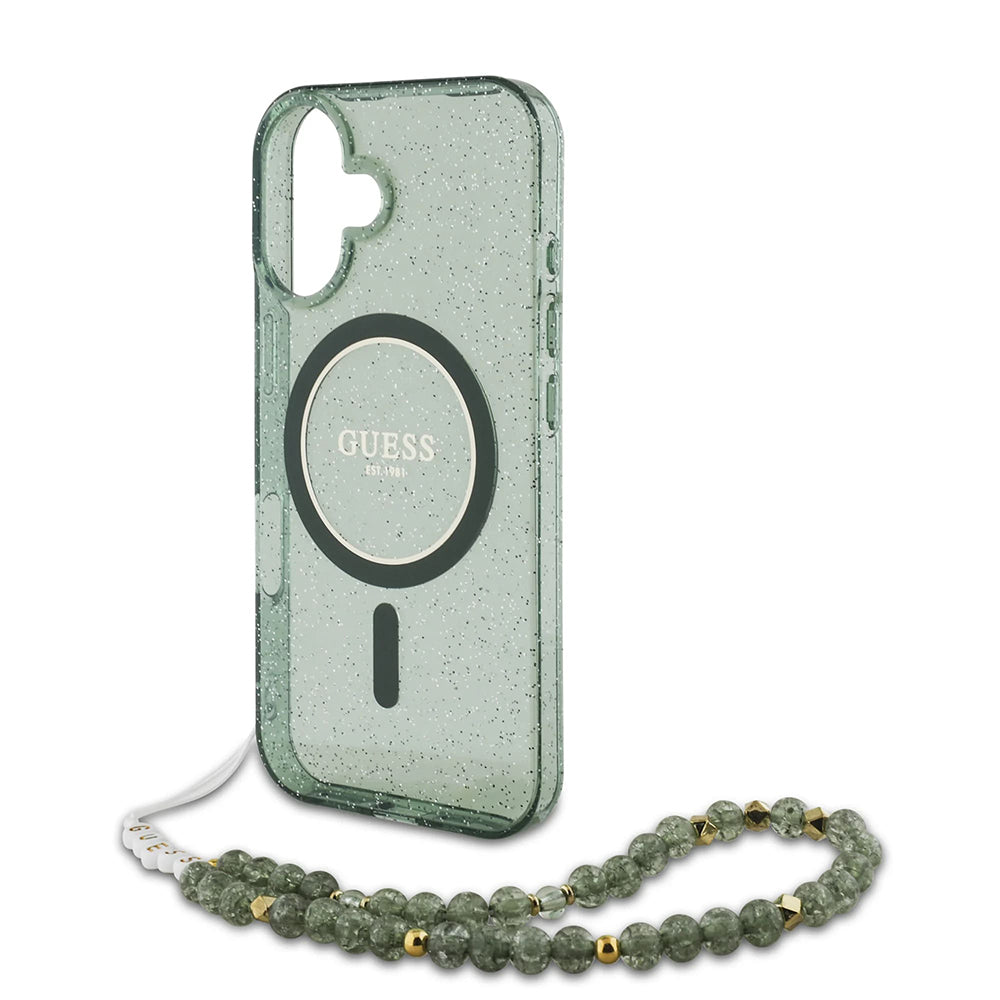 MagSafe futrola za Apple iPhone 16 Plus, Guess, IML Glitter s perlom trakom, Zelena