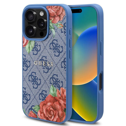 MagSafe futrola za Apple iPhone 16 Pro, Guess, 4G Flowers Print, Plava
