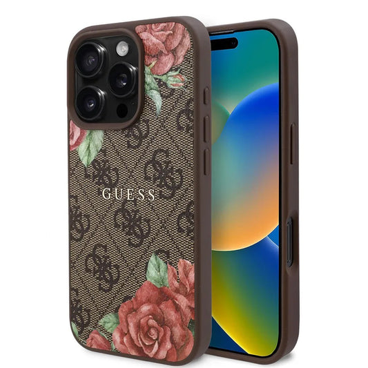 MagSafe futrola za Apple iPhone 16 Pro, Guess, 4G Flowers Print, smeđa