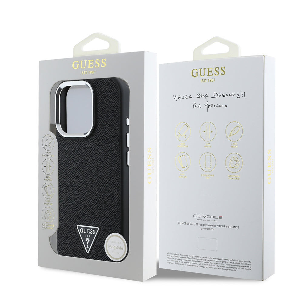 Husa MagSafe za Apple iPhone 16 Pro, Guess, Grained Triangle Logo, Crna