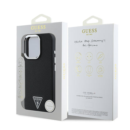 Husa MagSafe za Apple iPhone 16 Pro, Guess, Grained Triangle Logo, Crna