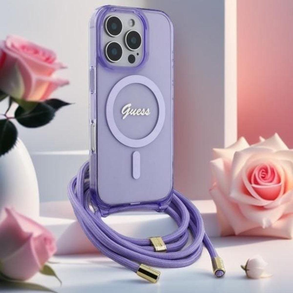Futrola MagSafe za Apple iPhone 16 Pro, Guess, IML Crossbody Cord Script, Ljubičasta