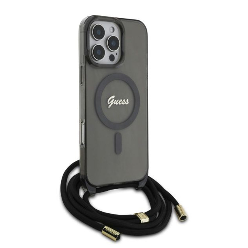 MagSafe torbica za Apple iPhone 16 Pro, Guess, IML Crossbody Cord Script, Crna