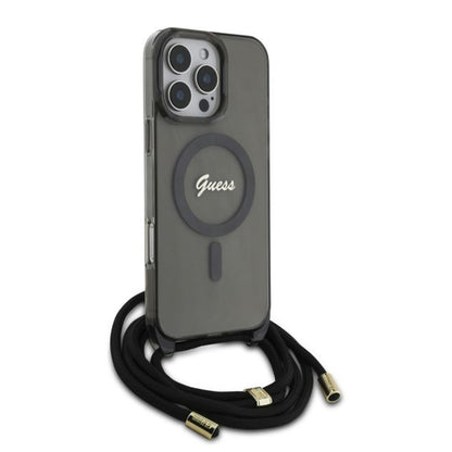 MagSafe torbica za Apple iPhone 16 Pro, Guess, IML Crossbody Cord Script, Crna