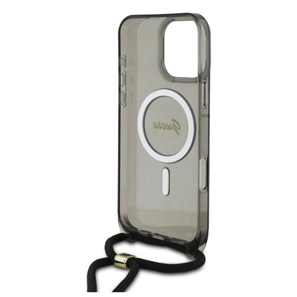 MagSafe torbica za Apple iPhone 16 Pro, Guess, IML Crossbody Cord Script, Crna