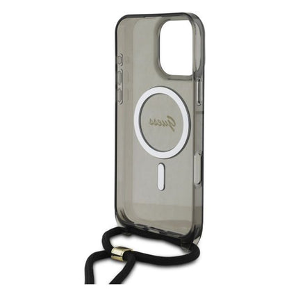 MagSafe torbica za Apple iPhone 16 Pro, Guess, IML Crossbody Cord Script, Crna
