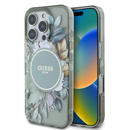 MagSafe futrola za Apple iPhone 16 Pro, Guess, IML Flower & Tonal Circle, Zelena