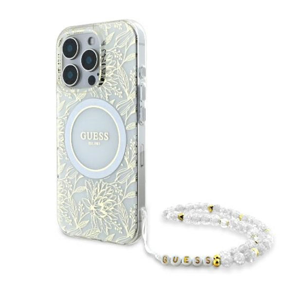 MagSafe futrola za Apple iPhone 16 Pro, Guess, IML Flowers Allover Electroplated with Pearl Strap, Bijela